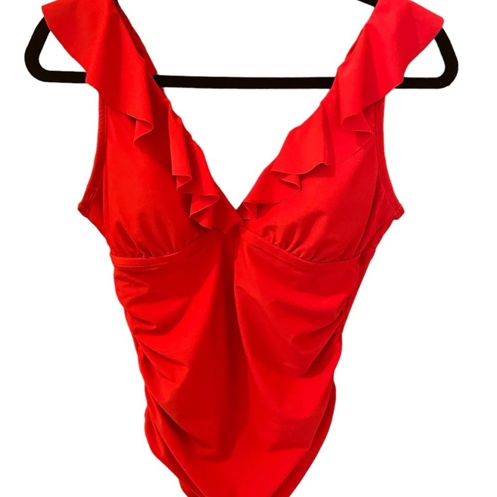 Maternity Kona Sol Swimsuit, Size M, Bright Red w/Bodice Ruffles,  EUC.